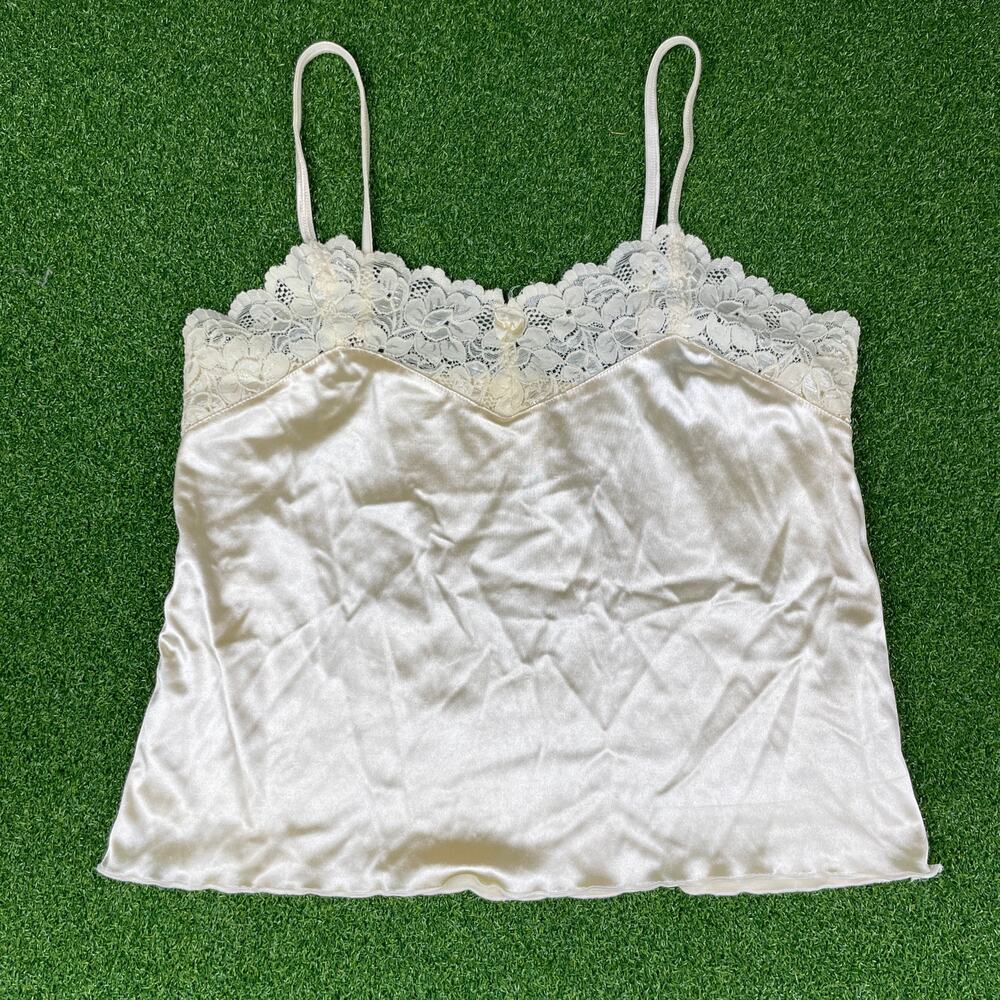 Vintage Eva Cervantes Ivory Lace Trim Camisole Nylon Satin Sleep Tank Top Sz M